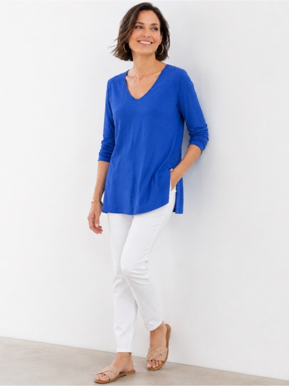 Chico's Ultimate Tee V-neck 3/4 Sleeve Pima Cotton Blue Tunic Sz Lrg